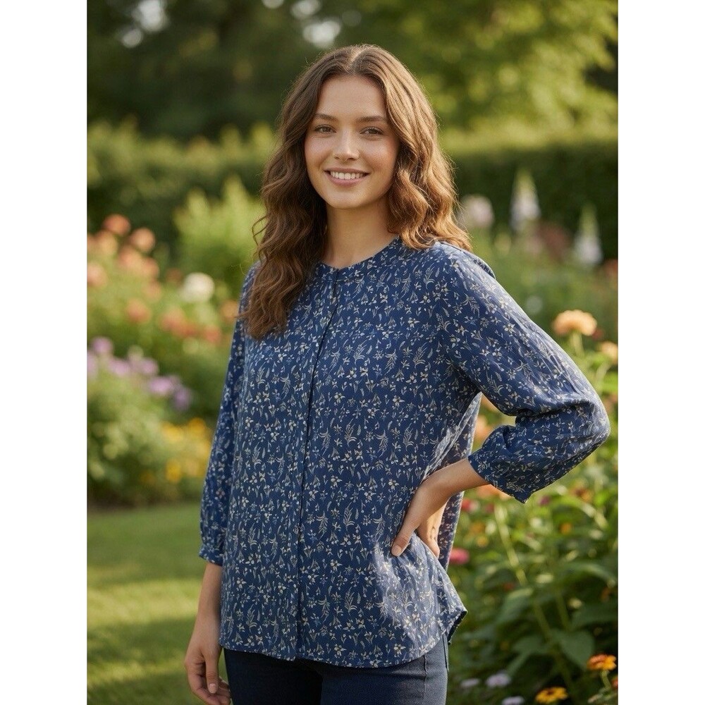 Jachs New York Girlfriend 3/4 Sleeve Blouse Size XL Floral Blue Shirt Vacation